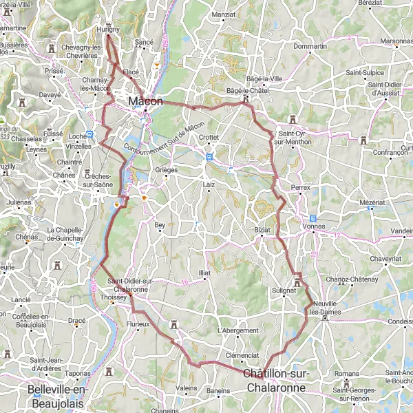 Map miniature of "Scenic Gravel Ride to Château de Longes" cycling inspiration in Bourgogne, France. Generated by Tarmacs.app cycling route planner