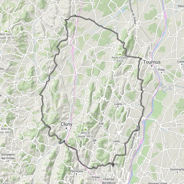 Miniature de la carte de l'inspiration cycliste "Boucle des collines du Mâconnais" dans la Bourgogne, France. Générée par le planificateur d'itinéraire cycliste Tarmacs.app