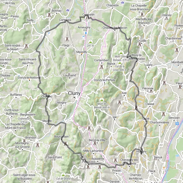 Miniature de la carte de l'inspiration cycliste "Vitry-lès-Cluny Road Ride" dans la Bourgogne, France. Générée par le planificateur d'itinéraire cycliste Tarmacs.app