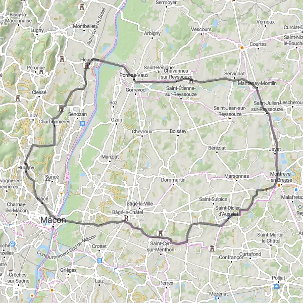 Miniature de la carte de l'inspiration cycliste "Boucle des villages de l'Ain" dans la Bourgogne, France. Générée par le planificateur d'itinéraire cycliste Tarmacs.app