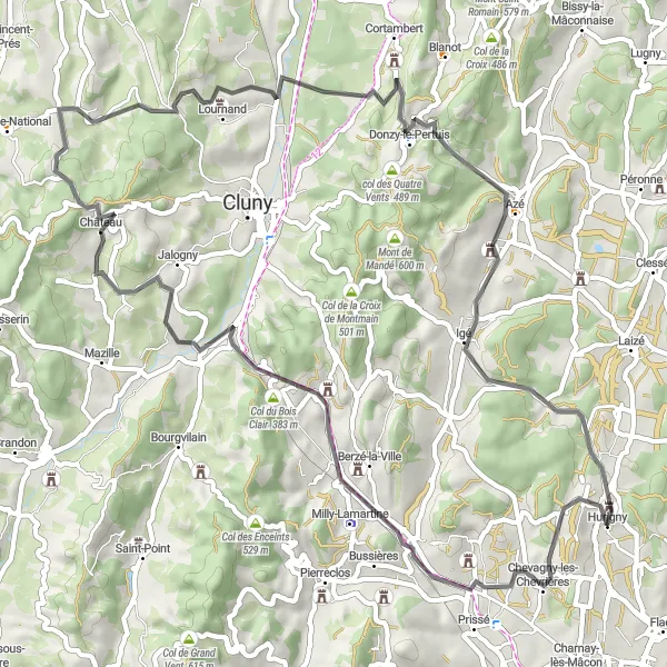 Map miniature of "Scenic Road Ride to Jalogny" cycling inspiration in Bourgogne, France. Generated by Tarmacs.app cycling route planner