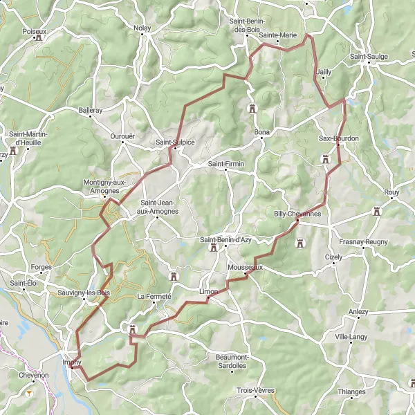 Miniature de la carte de l'inspiration cycliste "La Boucle des Collines Verdoyantes" dans la Bourgogne, France. Générée par le planificateur d'itinéraire cycliste Tarmacs.app