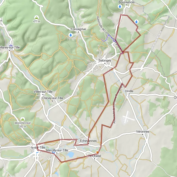 Miniature de la carte de l'inspiration cycliste "Boucle cyclable de Til-Châtel" dans la Bourgogne, France. Générée par le planificateur d'itinéraire cycliste Tarmacs.app