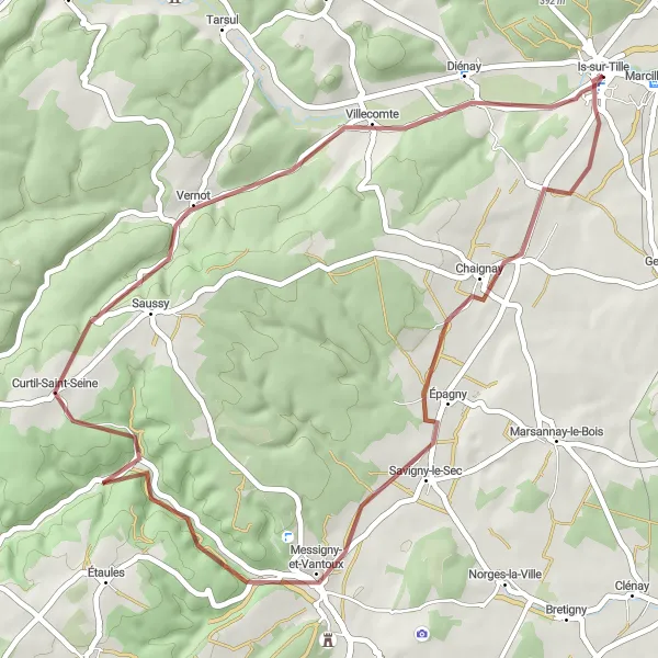 Miniature de la carte de l'inspiration cycliste "Tour de la Vallée Suzon" dans la Bourgogne, France. Générée par le planificateur d'itinéraire cycliste Tarmacs.app