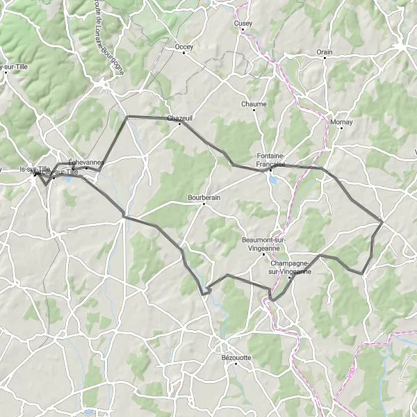 Miniature de la carte de l'inspiration cycliste "Boucle de la Bèze" dans la Bourgogne, France. Générée par le planificateur d'itinéraire cycliste Tarmacs.app