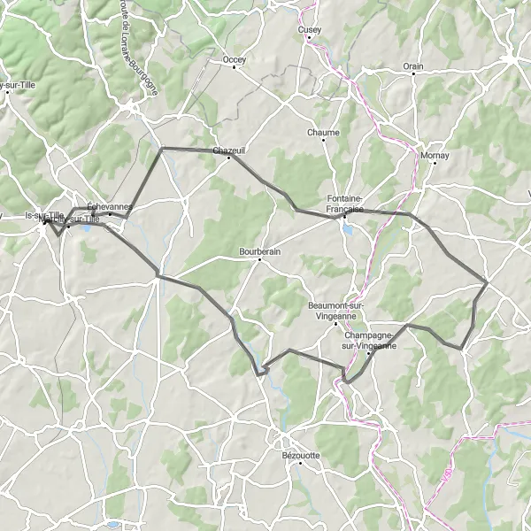 Map miniature of "The Chazeuil Road Adventure" cycling inspiration in Bourgogne, France. Generated by Tarmacs.app cycling route planner