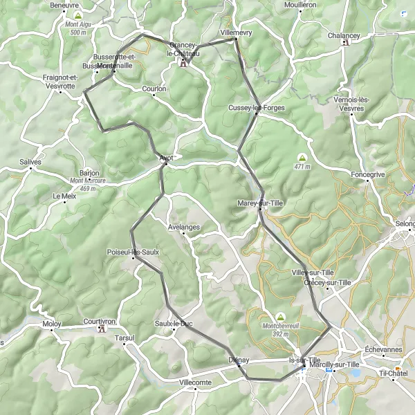 Miniature de la carte de l'inspiration cycliste "Route des Forges" dans la Bourgogne, France. Générée par le planificateur d'itinéraire cycliste Tarmacs.app