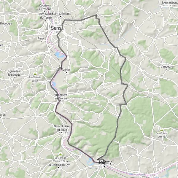 Miniature de la carte de l'inspiration cycliste "Circuit cycliste pittoresque au départ de Joigny" dans la Bourgogne, France. Générée par le planificateur d'itinéraire cycliste Tarmacs.app