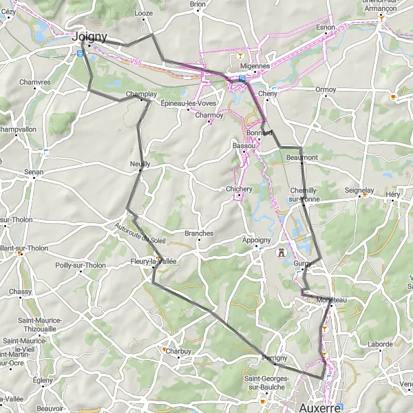 Map miniature of "The Countryside Loop" cycling inspiration in Bourgogne, France. Generated by Tarmacs.app cycling route planner