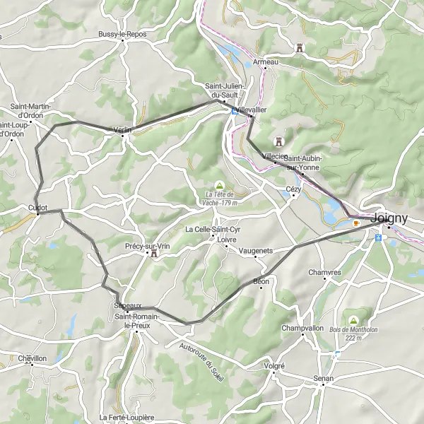 Miniature de la carte de l'inspiration cycliste "Escapade à vélo à travers les villages de Bourgogne" dans la Bourgogne, France. Générée par le planificateur d'itinéraire cycliste Tarmacs.app