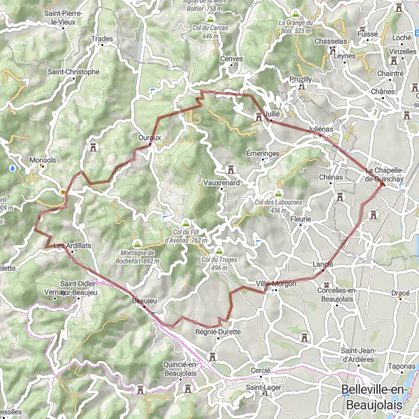 Miniature de la carte de l'inspiration cycliste "Les Crus du Beaujolais en Gravier" dans la Bourgogne, France. Générée par le planificateur d'itinéraire cycliste Tarmacs.app