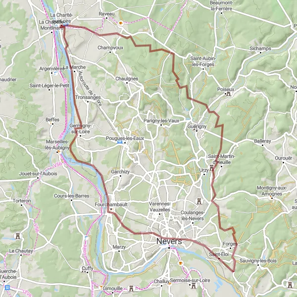 Map miniature of "The Gravel Adventure" cycling inspiration in Bourgogne, France. Generated by Tarmacs.app cycling route planner