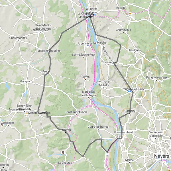 Map miniature of "Cycling Route 1" cycling inspiration in Bourgogne, France. Generated by Tarmacs.app cycling route planner