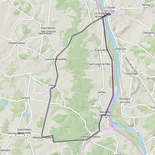 Map miniature of "The Riverside Adventure" cycling inspiration in Bourgogne, France. Generated by Tarmacs.app cycling route planner