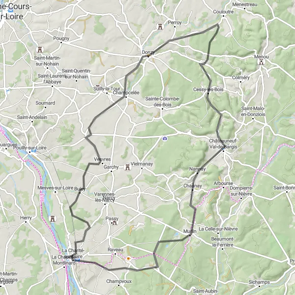 Map miniature of "Cycling Through Countryside Charm" cycling inspiration in Bourgogne, France. Generated by Tarmacs.app cycling route planner