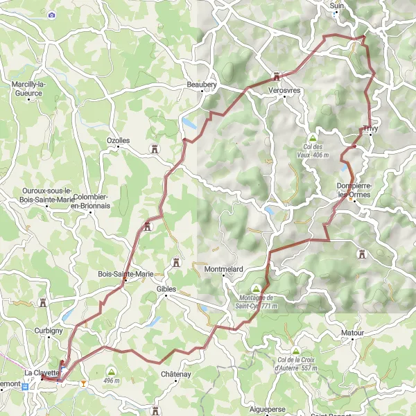 Map miniature of "La Clayette Loop" cycling inspiration in Bourgogne, France. Generated by Tarmacs.app cycling route planner