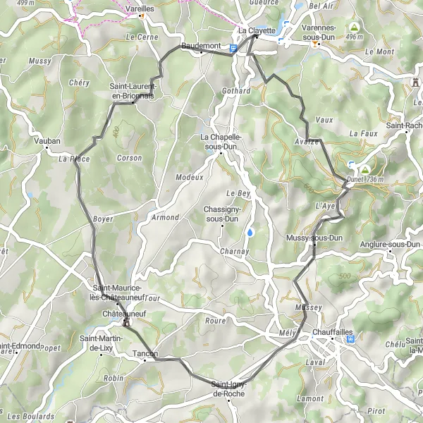 Map miniature of "Dunet and Saint-Laurent-en-Brionnais Loop" cycling inspiration in Bourgogne, France. Generated by Tarmacs.app cycling route planner