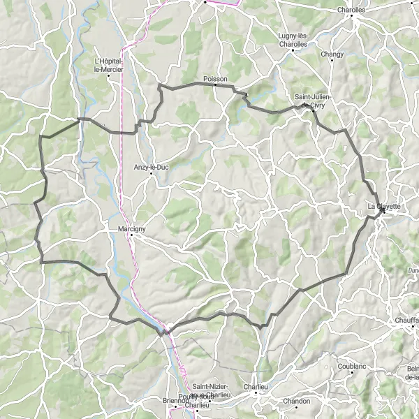 Map miniature of "Scenic Exploration of Southern Bourgogne" cycling inspiration in Bourgogne, France. Generated by Tarmacs.app cycling route planner