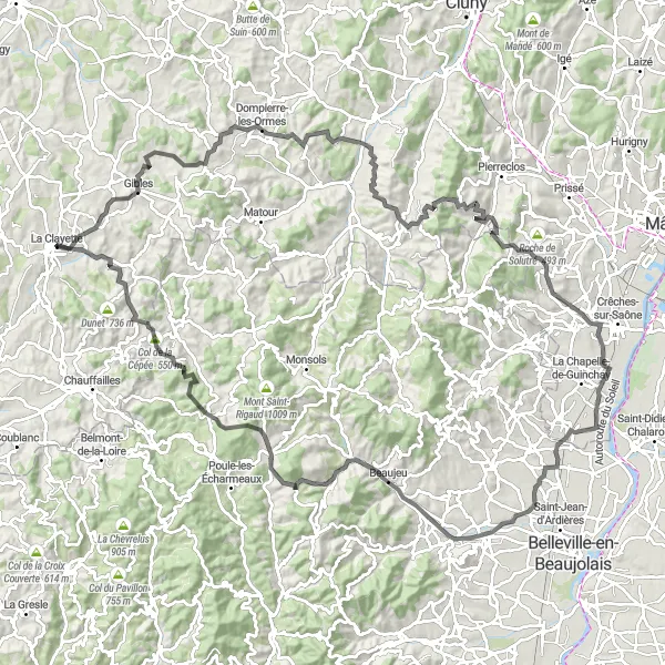 Map miniature of "Exploring the Rolling Hills of Southern Burgundy" cycling inspiration in Bourgogne, France. Generated by Tarmacs.app cycling route planner