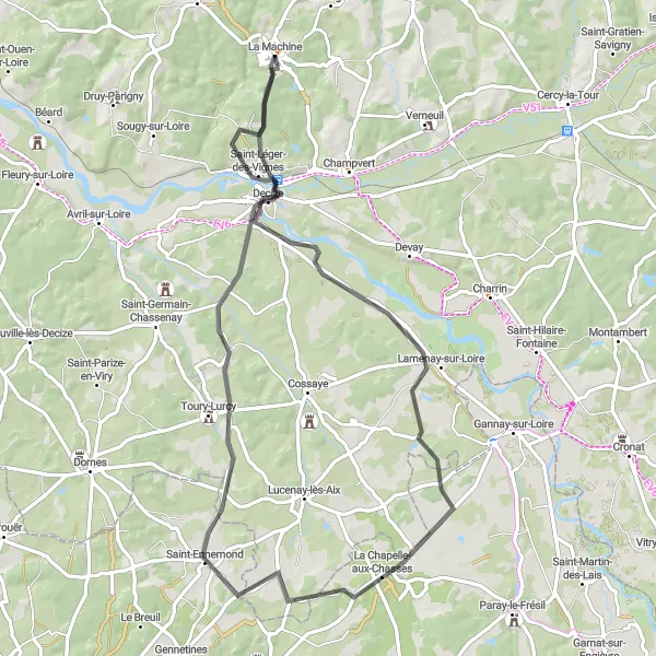 Miniature de la carte de l'inspiration cycliste "Boucle de la Machine" dans la Bourgogne, France. Générée par le planificateur d'itinéraire cycliste Tarmacs.app