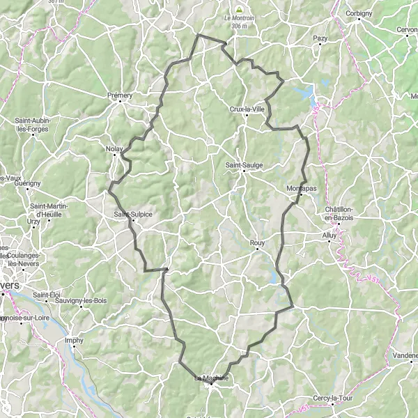 Miniature de la carte de l'inspiration cycliste "Parcours aventureux de La Machine à Thianges" dans la Bourgogne, France. Générée par le planificateur d'itinéraire cycliste Tarmacs.app