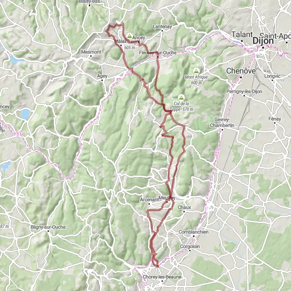 Map miniature of "Mountains and Vines Gravel Expedition" cycling inspiration in Bourgogne, France. Generated by Tarmacs.app cycling route planner