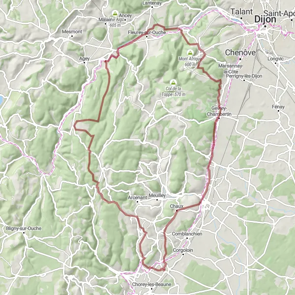 Map miniature of "Gravel Adventure in the Valley" cycling inspiration in Bourgogne, France. Generated by Tarmacs.app cycling route planner