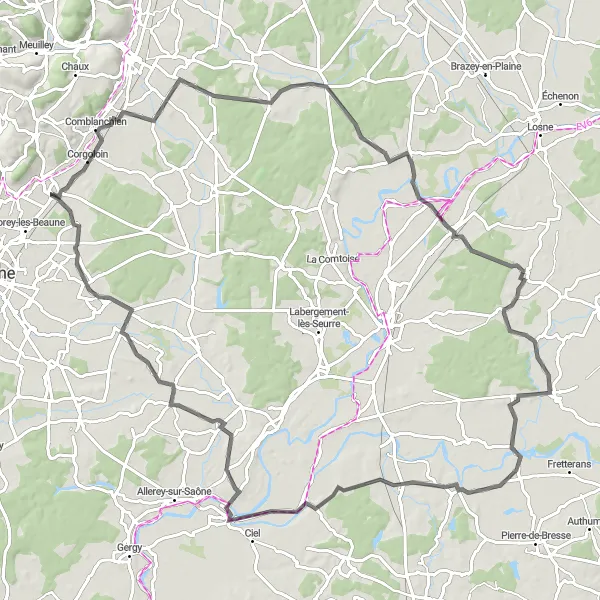 Map miniature of "Through the Heart of Côte d'Or" cycling inspiration in Bourgogne, France. Generated by Tarmacs.app cycling route planner