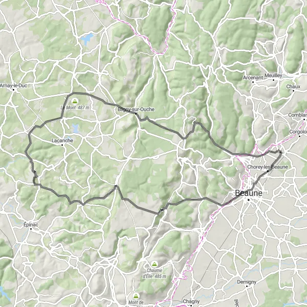 Map miniature of "Beaune Vineyards Loop" cycling inspiration in Bourgogne, France. Generated by Tarmacs.app cycling route planner