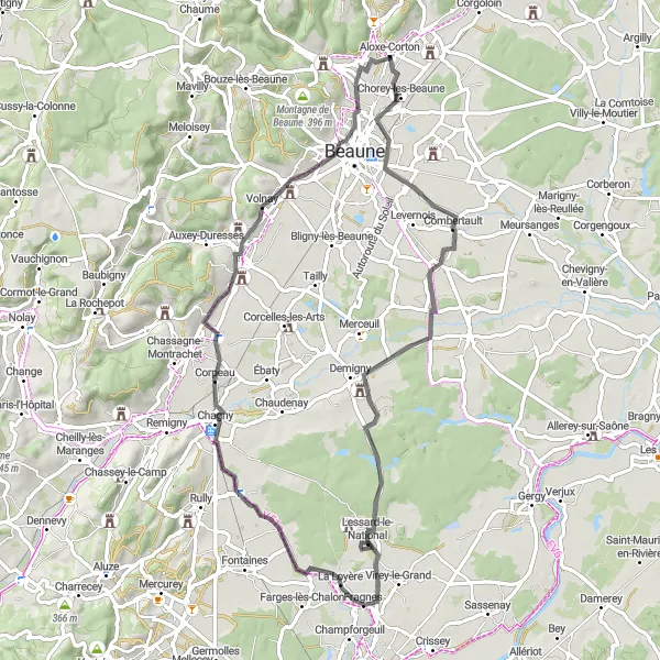 Map miniature of "The Wine Route" cycling inspiration in Bourgogne, France. Generated by Tarmacs.app cycling route planner