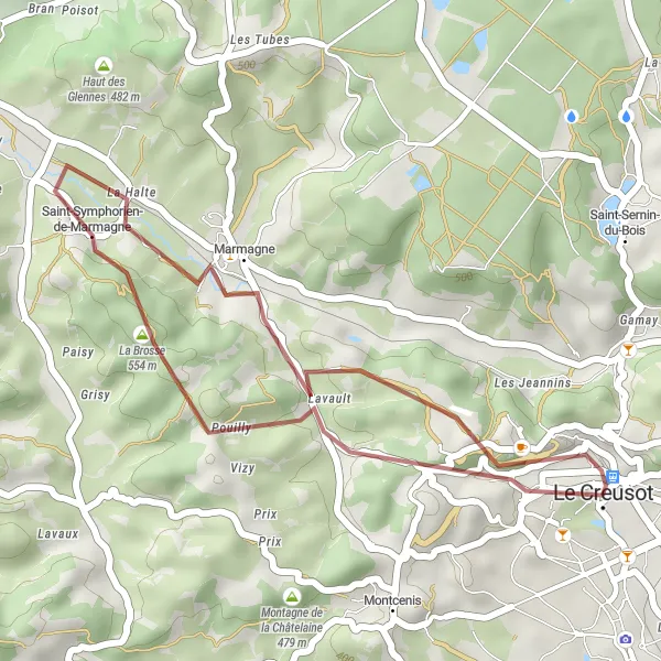 Map miniature of "The Scenic Gravel Loop" cycling inspiration in Bourgogne, France. Generated by Tarmacs.app cycling route planner