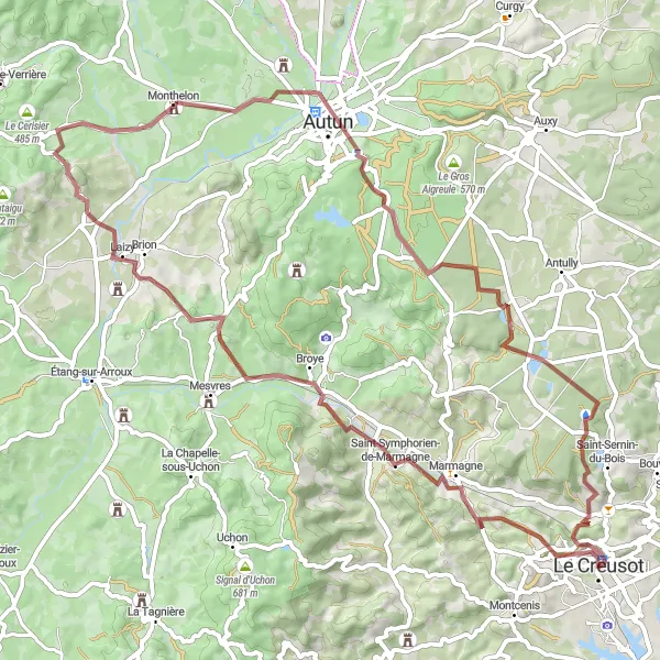 Map miniature of "Le Creusot - Autun Gravel Loop" cycling inspiration in Bourgogne, France. Generated by Tarmacs.app cycling route planner