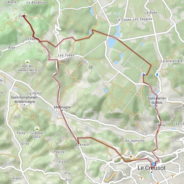 Map miniature of "Gravel Adventure" cycling inspiration in Bourgogne, France. Generated by Tarmacs.app cycling route planner