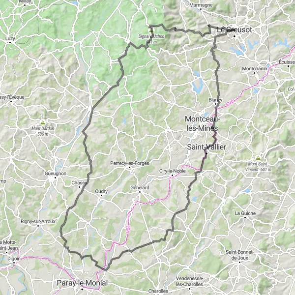 Miniature de la carte de l'inspiration cycliste "Le Creusot - Les Bizots - Toulon-sur-Arroux Loop" dans la Bourgogne, France. Générée par le planificateur d'itinéraire cycliste Tarmacs.app