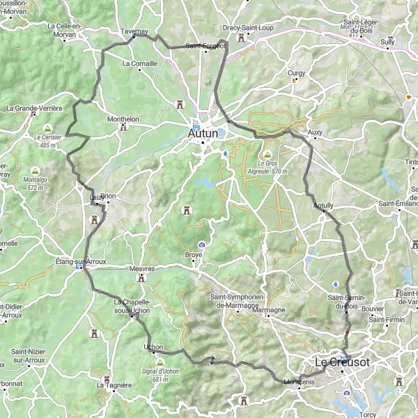 Map miniature of "Mountain Majesty" cycling inspiration in Bourgogne, France. Generated by Tarmacs.app cycling route planner