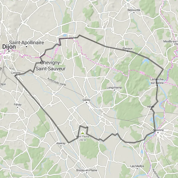 Map miniature of "Arc-sur-Tille Round Trip" cycling inspiration in Bourgogne, France. Generated by Tarmacs.app cycling route planner