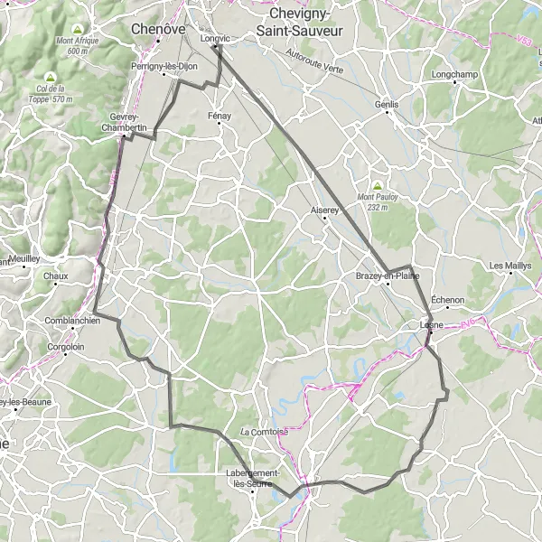 Map miniature of "Road Cycling Route through the Heart of Burgundy" cycling inspiration in Bourgogne, France. Generated by Tarmacs.app cycling route planner