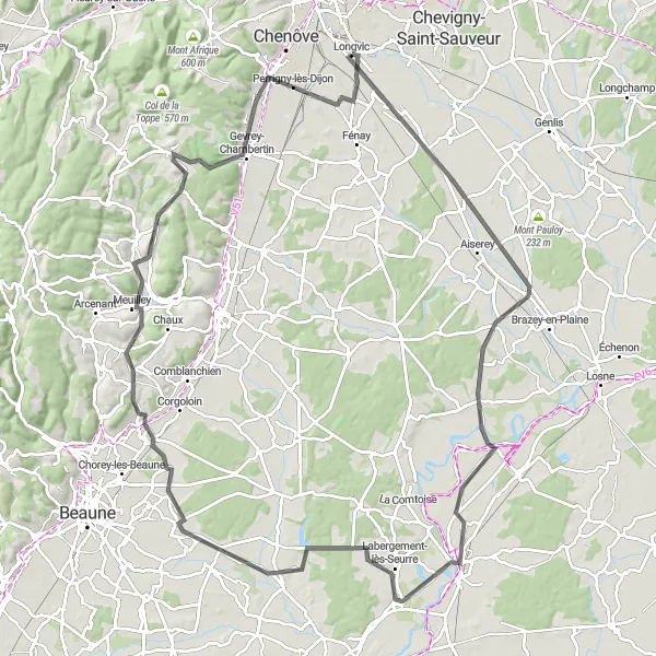 Map miniature of "Road Cycling Adventure through Burgundy's Vineyards" cycling inspiration in Bourgogne, France. Generated by Tarmacs.app cycling route planner