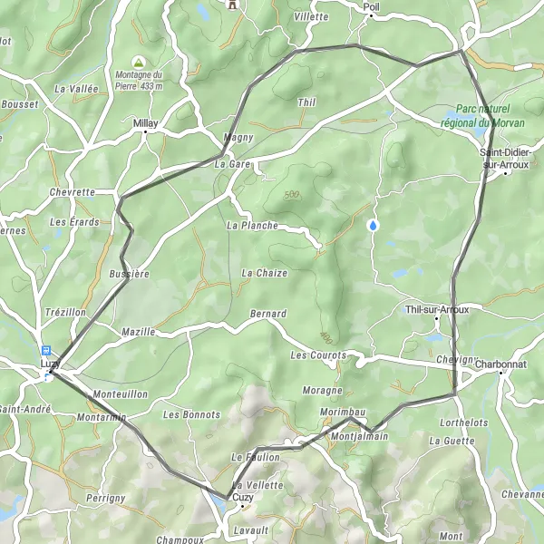 Miniature de la carte de l'inspiration cycliste "Parcours pittoresque autour de Luzy" dans la Bourgogne, France. Générée par le planificateur d'itinéraire cycliste Tarmacs.app