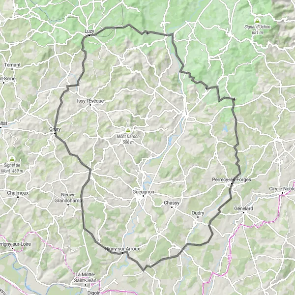 Miniature de la carte de l'inspiration cycliste "Les Collines de Luzy" dans la Bourgogne, France. Générée par le planificateur d'itinéraire cycliste Tarmacs.app