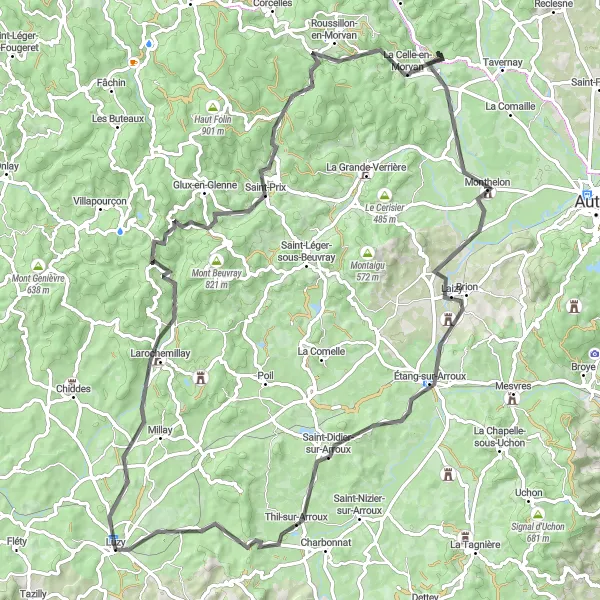 Miniature de la carte de l'inspiration cycliste "Tour vers Saint-Didier-sur-Arroux" dans la Bourgogne, France. Générée par le planificateur d'itinéraire cycliste Tarmacs.app