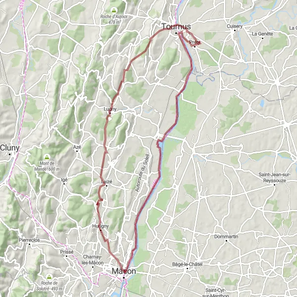 Miniature de la carte de l'inspiration cycliste "Boucle des Collines du Mâconnais" dans la Bourgogne, France. Générée par le planificateur d'itinéraire cycliste Tarmacs.app