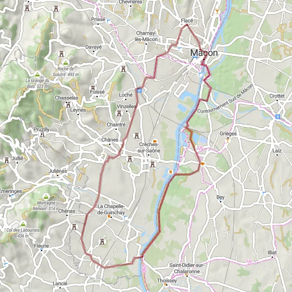 Miniature de la carte de l'inspiration cycliste "Parcours des Gravières de la Saône" dans la Bourgogne, France. Générée par le planificateur d'itinéraire cycliste Tarmacs.app