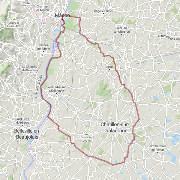Miniature de la carte de l'inspiration cycliste "Boucle à vélo à proximité de Mâcon" dans la Bourgogne, France. Générée par le planificateur d'itinéraire cycliste Tarmacs.app