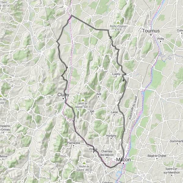 Miniature de la carte de l'inspiration cycliste "Les Trésors du Mâconnais" dans la Bourgogne, France. Générée par le planificateur d'itinéraire cycliste Tarmacs.app