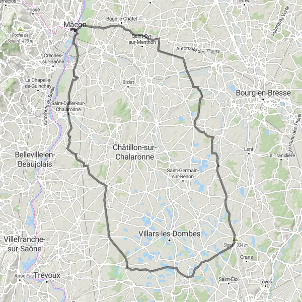 Miniature de la carte de l'inspiration cycliste "Circuit du Val de Saône" dans la Bourgogne, France. Générée par le planificateur d'itinéraire cycliste Tarmacs.app