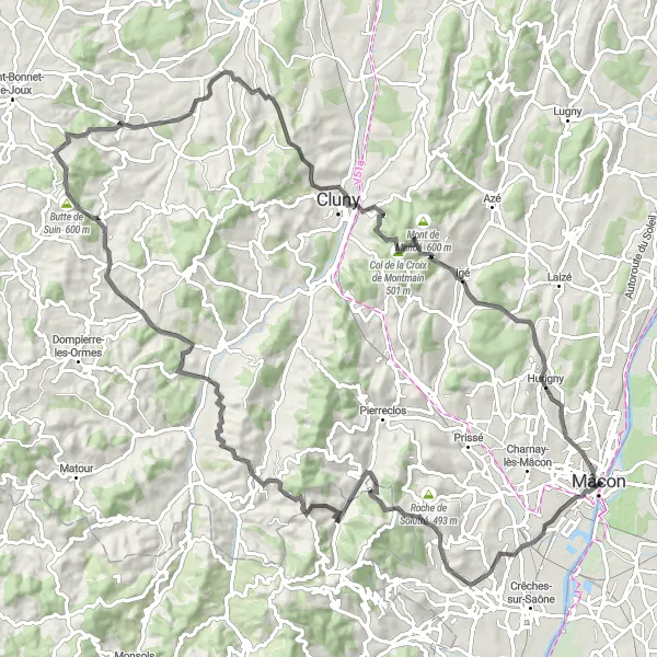 Map miniature of "The Mythical Road Journey to Cluny" cycling inspiration in Bourgogne, France. Generated by Tarmacs.app cycling route planner
