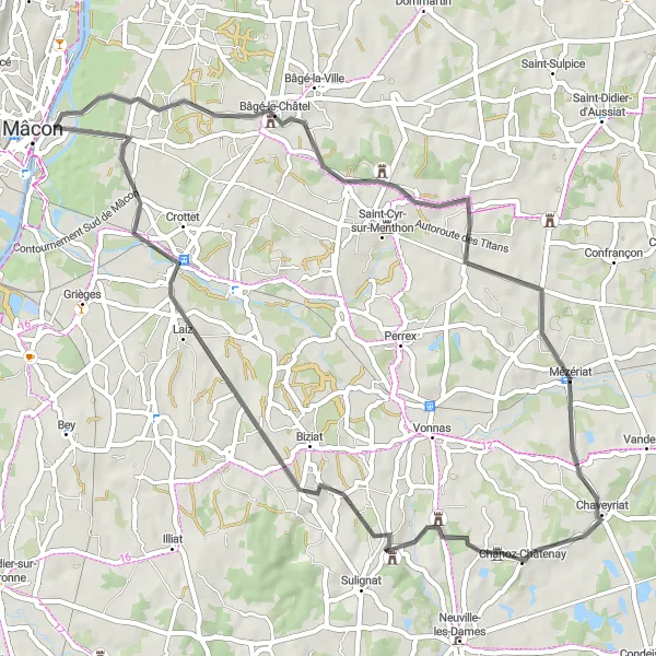 Miniature de la carte de l'inspiration cycliste "Les Collines de Bourgogne" dans la Bourgogne, France. Générée par le planificateur d'itinéraire cycliste Tarmacs.app