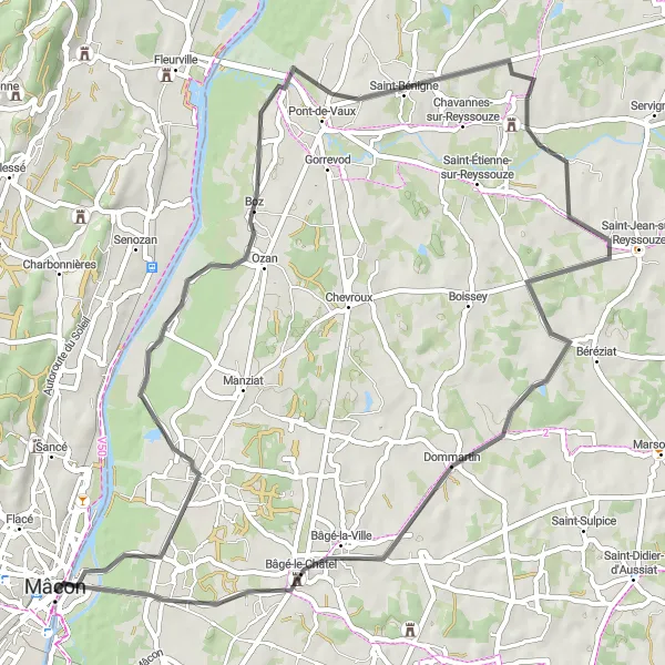 Map miniature of "The Road Cycling Experience through Boz and Pont-de-Vaux" cycling inspiration in Bourgogne, France. Generated by Tarmacs.app cycling route planner