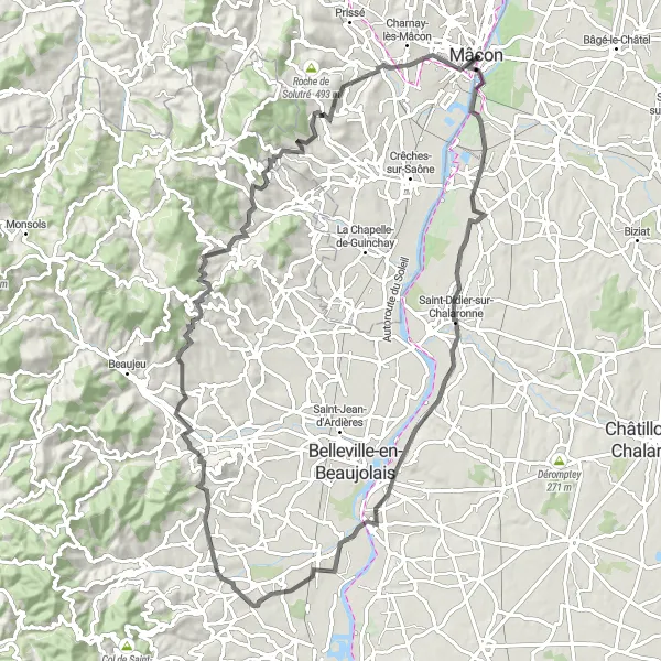 Map miniature of "Hills of Beaujolais" cycling inspiration in Bourgogne, France. Generated by Tarmacs.app cycling route planner